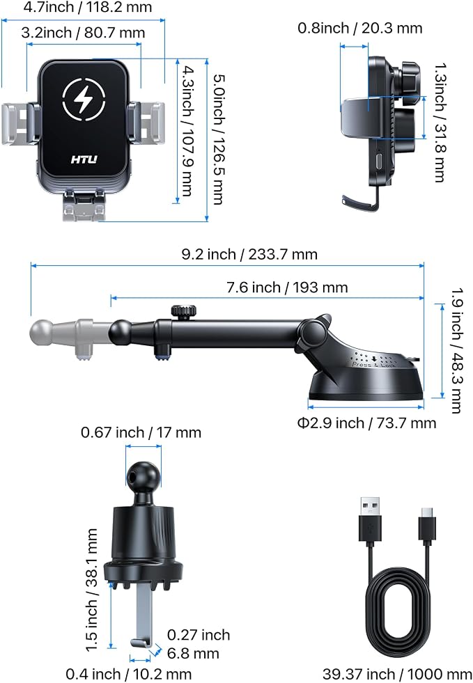 HTU 2026 Upgraded Wireless Car Charger Mount, 【Strongest Suction & Military-Grade Certs】 15W Fast Charging Auto-Clamping Phone Holder for Dash Windshield Air Vent, Fit for iPhone & Android, Jet Black