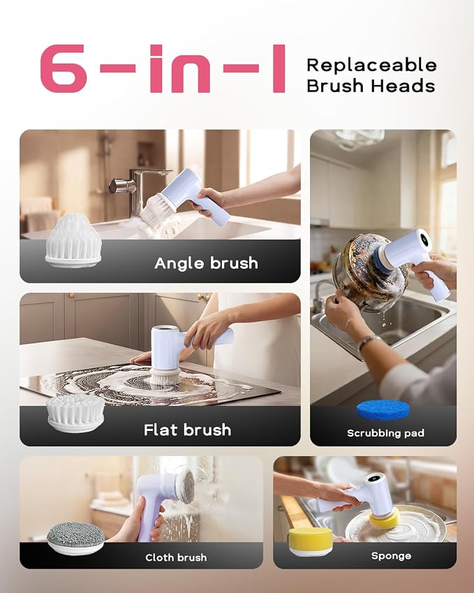 PUFTEM Shower Scrubber, Electric Spin Scrubber for Bathroom Cleaning – Cordless Shower Cleaner Brush with 6 Brush Heads, Dual-Direction Rotation for Grout, Tile, Tub, Sink & Corners, Purple