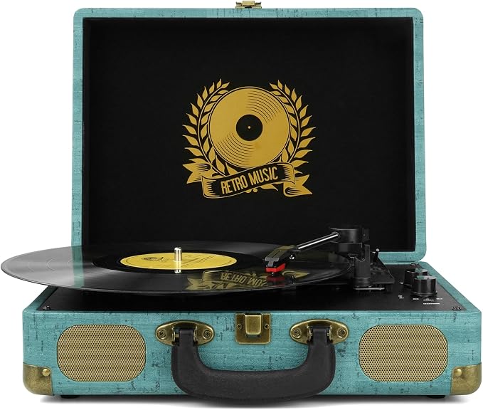 Vinyl Record Player 3-Speed Bluetooth Suitcase Portable Belt-Driven, Supports Bluetooth, RCA Output, 3.5mm aux-in and Headphone Jack and MP3, Mobile Phones Music Playback