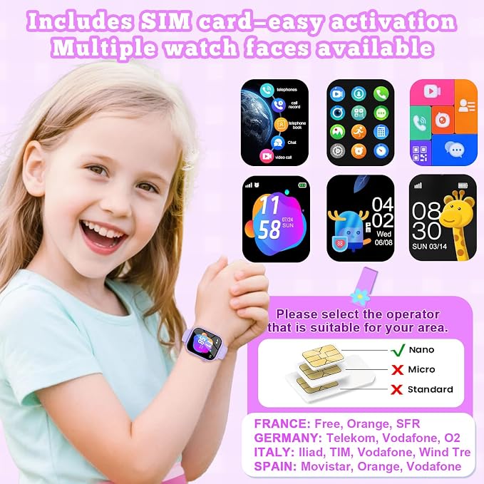 4G Kids Smart Watch GPS Tracker, Smartwatch for Kid with Video Calling, Voice Chat, Class Mode, SOS , Pedometer, Alarm, SIM Card HD Touch Screen Phone Watch Gift for 4-12 Girls Boys (Light Purple)