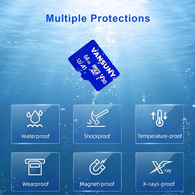 Vansuny Micro SD Card 64GB microSDXC Memory Card with SD Adapter A1 App Performance V30 4K Video Recording C10 U3 Micro SD for Phone, Security Camera, Dash Cam, Action Camera