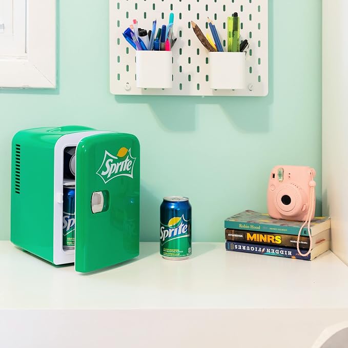 Koolatron Sprite Mini Fridge - 6 Can Refrigerator for Bedroom Office, Portable Table Top Beverage Cooler, 12V 110V Refrigerador For Drinks, Soda, Wines, Use In Car, Dorm, Outdoor, Patio
