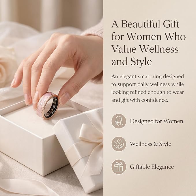 Smart Ring for Women, Sleep Tracker and Health Ring with Heart Rate, SpO2, HRV, Multi-Sport Tracking, IP68 Waterproof, Jewelry-Inspired Design, No Subscription, for iOS and Android (White, 9#)