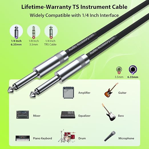 Guitar Cable 10 ft/3M 2 Pack, Kevlar-Reinforced 20AWG 99.99% OFC, 10X Heavy-Duty Nylon Braided, Heat-Shrink Protected 1/4 Instrument Cable, Shielded Amp Cord for Fender Electric Guitar