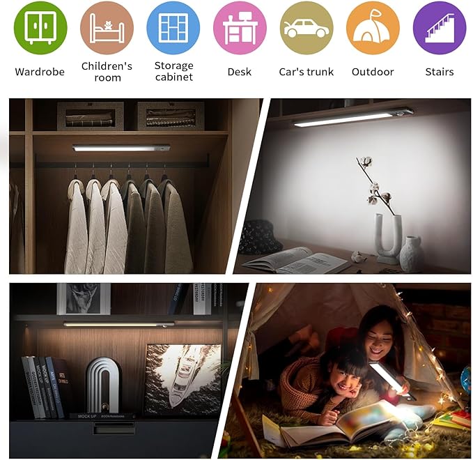 Under Cabinet Lighting, 2 Pack Motion Sensor Light Indoor, 76 LED USB Rechargeable Battery Operated, 3 Levels Dimmable Magnetic Closet Lights, Wireless Under Counter Lights for Kitchen Stairs Hallway