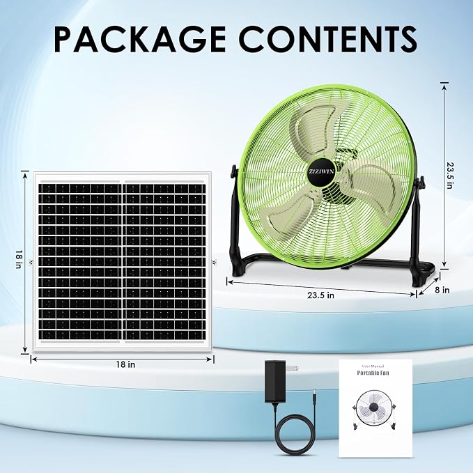 20" Solar Fan, Large Solar Powered Cordless Camping Fan, Rechargeable Battrey Operated Fans for Outside, 360° Tilt, Hi-airflow, Wireless, for Home Garage Outdoor Patio Travel Greenhouse