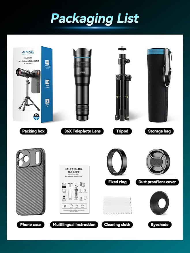 APEXEL 36x Telephoto Lens Compatible with iPhone 17 Pro Max | Photography for Travel, Birdwatching, Exploration | Kit with Sturdy Metal Tripod and Threaded Phone Case
