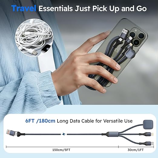 Travel Essentials 3in2 Multi Charging Cable for iPhone Watch Charger,USB A/C to Type C/IP/iWatch Charger, Charging Cords for Multiple Devices Compatible with iWatch Series&iPhone 17-12 6FT