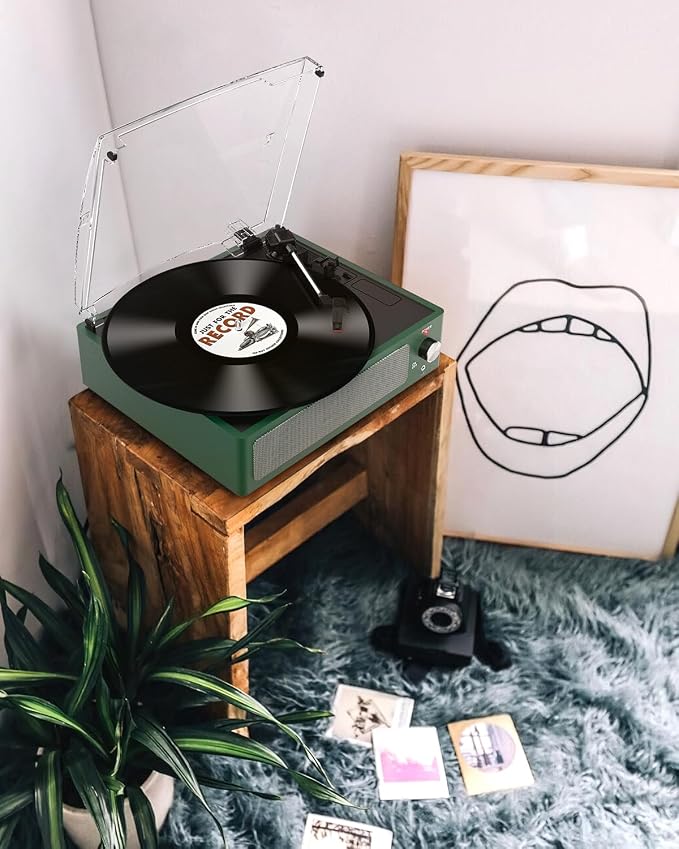 Vinyl Record Players Turntable with Speakers Wireless Receiver 3 Speed RPM LP Phonograph Belt-Driven Headphone AUX RCA Auto Stop All-in-one Turn Table for Beginners Collectors Grass Green