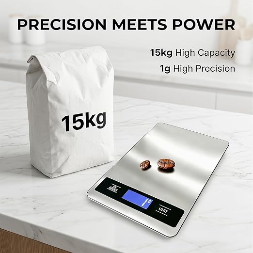 33lb/15kg Kitchen Food Scale, High Precision 1g for pet Care, Cooking, Meat | Stainless steel digital weight scale with timer & backlit LCD, tare & unit conversion (g/oz/ml/lb) for baking, coffee, bread
