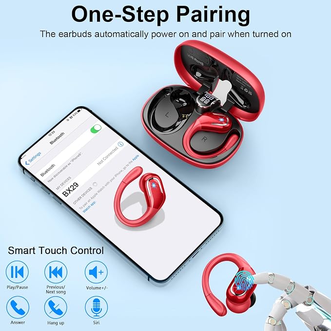 Ltinist Wireless Earbuds, 75hrs Bluetooth 5.4 Headphone Sport, Bluetooth Earbuds Deep Bass Over Ear Buds with Earhooks, ENC Noise Cancelling Earphone Mic, IP7 Waterproof for Workout/Running/Gym Red