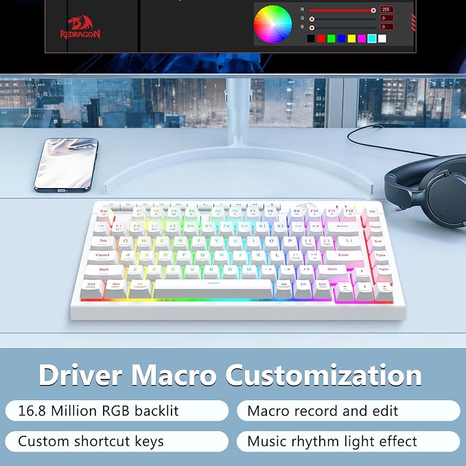 Redragon Wireless Gaming Keyboard, Bluetooth/2.4GHz/USB-C Wired, RGB Backlit, Portable 75% Mini Quiet Macro Membrane Keyboard, Rechargeable 4000mAh Battery, Anti-Ghosting for Win/MAC, White
