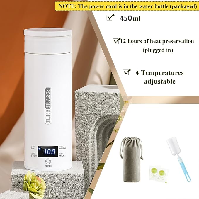 Electric Travel Kettle, Portable Tea Maker - 450ML Stainless Steel (White) with 4 Variable Presets