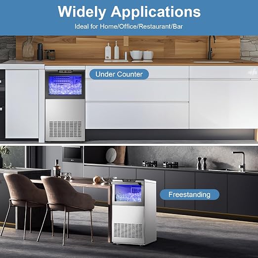 Amzgachfktch Commercial Ice Maker 150lbs/24H Under Counter Ice Maker, 50lbs Ice Storage, Ice Maker Commercial for Home Bar Restaurant, Blue Light, Self-Cleaning, LED Digital Display