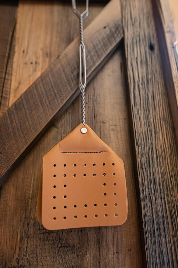 Leather Fly Swatter Set (2 Pack) – 17” Amish-Made Fly Swat w/Real Leather Paddle – Fly Swatters Multi Pack w/Metal Handle – Bug Swatter, Mosquito Swatter, Wasp Swatter (Brown)