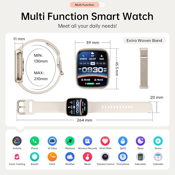Smart Watches for Women Men, 1.85" HD AMOLED Smart Watch for Android iPhone, 3ATM Waterproof, Bluetooth Calls/Messages, SpO2/Heart Rate Monitor, Sleep Tracker, 120+ Sports Modes Fitness Watch, 2 Bands