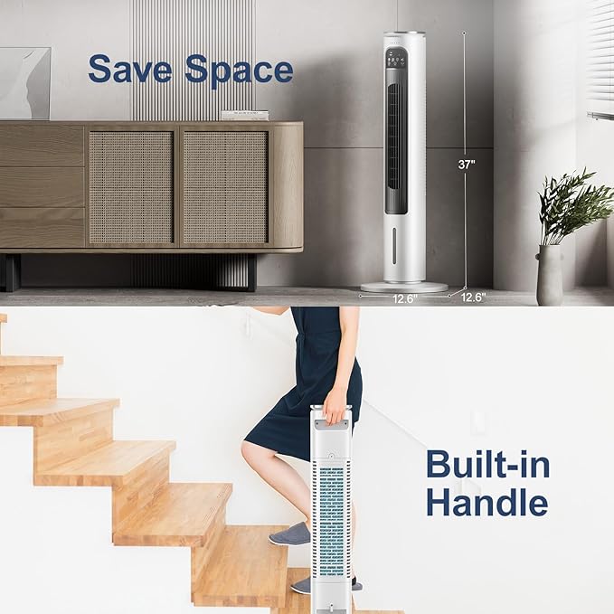 Windowless Portable Air Conditioner Ac Unit with Remote,Evaporative Air Cooler,Swamp Cooler for 4 Modes, 12H Timer, Removable Water Tank,Ice Packs,CoolingTower Fan for Bedroom,Outdoor,Indoor White
