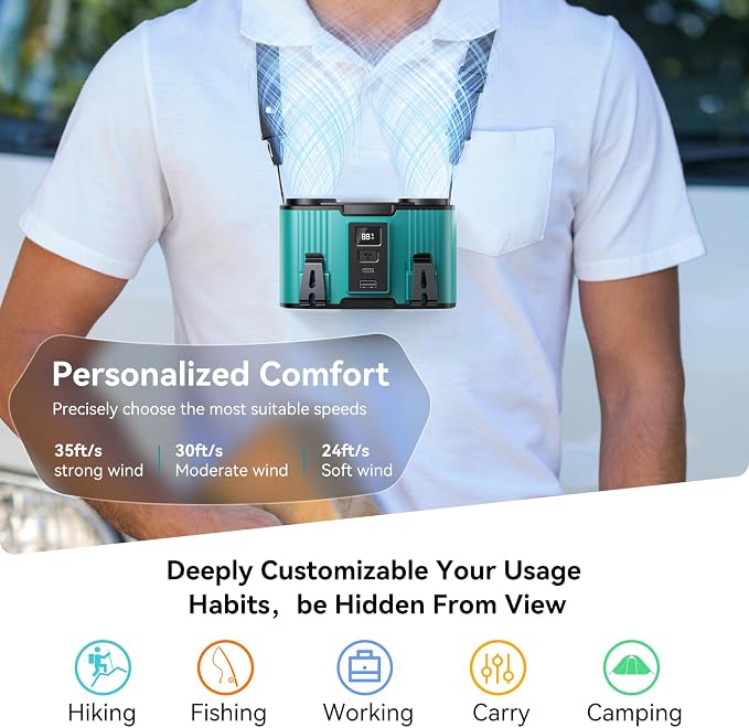 Doublepow 12000mAh Portable Waist Fan, Personal Waist Fan, Dual Air Ducts Motors, USB Rechargeable Clip On Belt for Working, 10 Speeds & 23H Wearable Neck Cooling, for Outdoor, Work, Travel (Blue)