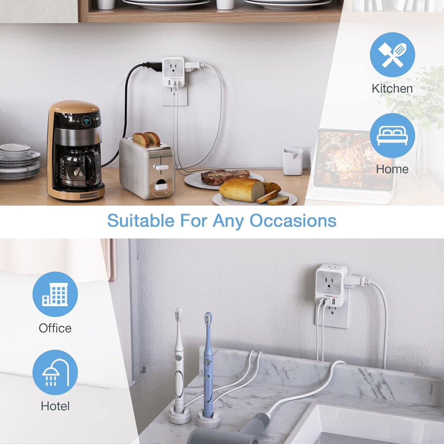 Multi Plug Outlet Splitter with USB, TESSAN 4 Electrical Outlet Extender Surge Protector with 3 USB Wall Charger Blocks, Multiple Plug Expander Box for Home Office Dorm Room Essentials