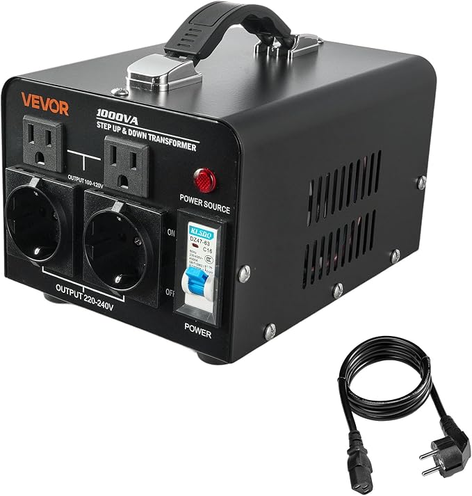 VEVOR Voltage Converter Transformer, 1000VA, Heavy Duty Step Up/Down Power Transformer, Convert from 110V to 220V and 220V to 110V, with EU & US Outlets, US Power Cord, Circuit Breaker Protection