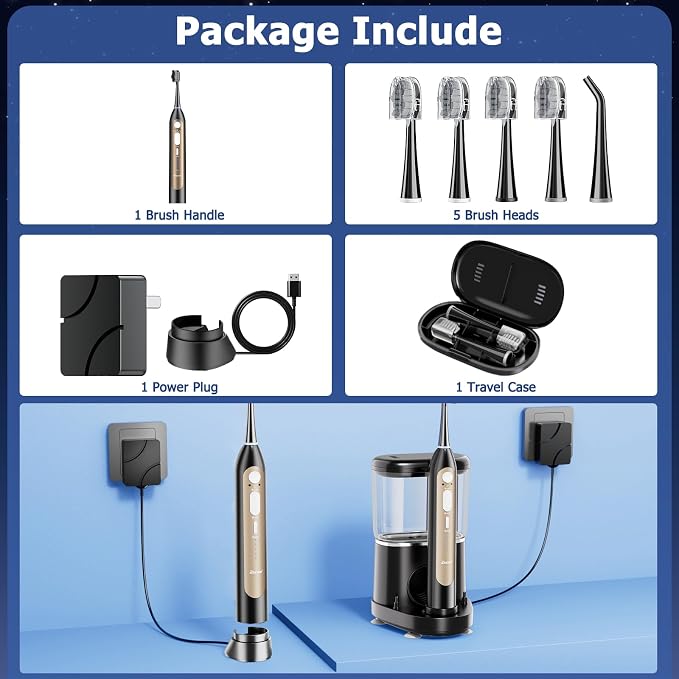 Electric Toothbrush with Water Flosser, Upgraded Flossing Toothbrush Combo for Adults, 5 Speeds & 3 Modes, 30 Days/Charge for Teeth Cleaning and Plaque Removal, Sensitive Teeth & Dental Implants-500ML