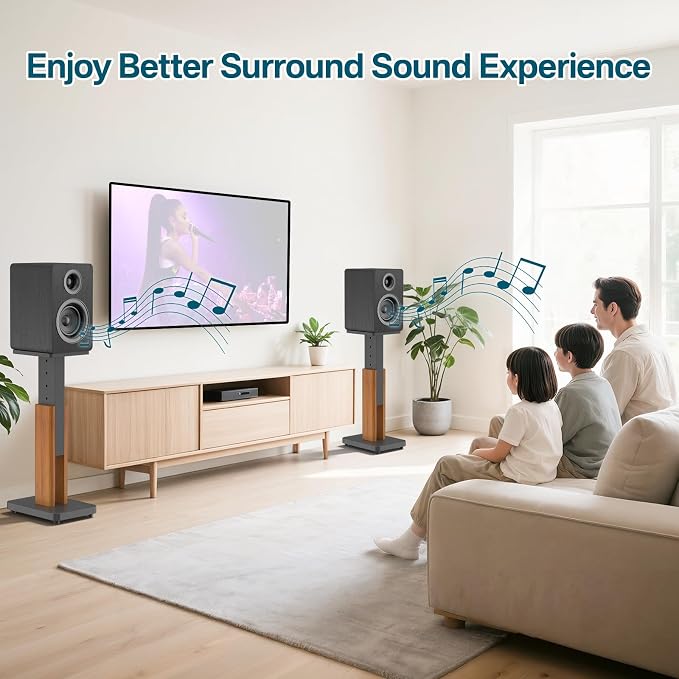 Height Adjustable Speaker Stands Pair with Most Satellite, Studio, Bookshelf Speakers - Wood Grain Floor Speaker Stands for Klipsch, Edifier, JBL Bookshelf Speaker Stands Holds 50Lbs with Cable Clips