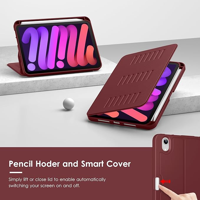 VIKESI Case for iPad mini 7 (A17 Pro) and iPad mini 6,Multiple Angles Magnetic Stand Cover,Shockproof Soft Back,Pencil Holder,and Auto Sleep/Wake,Wine