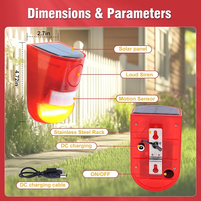 ChunHee Solar Outdoor Motion Sensor Alarm 4 Working Mode Motion Activated Alarm 129dB Loud Sound Noise Maker IP65 Waterproof Motion Detector with Strobe Light for Garden Yard Farm Home 2PC
