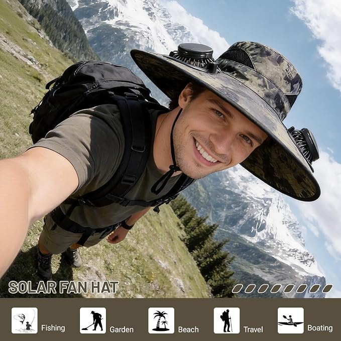 Solar Fan Hat, Wide Brim Sun Hat with 2 Built-in Solar Fans, UPF 50+ Sun Protection Outdoor Fishing Hiking Camping Beach