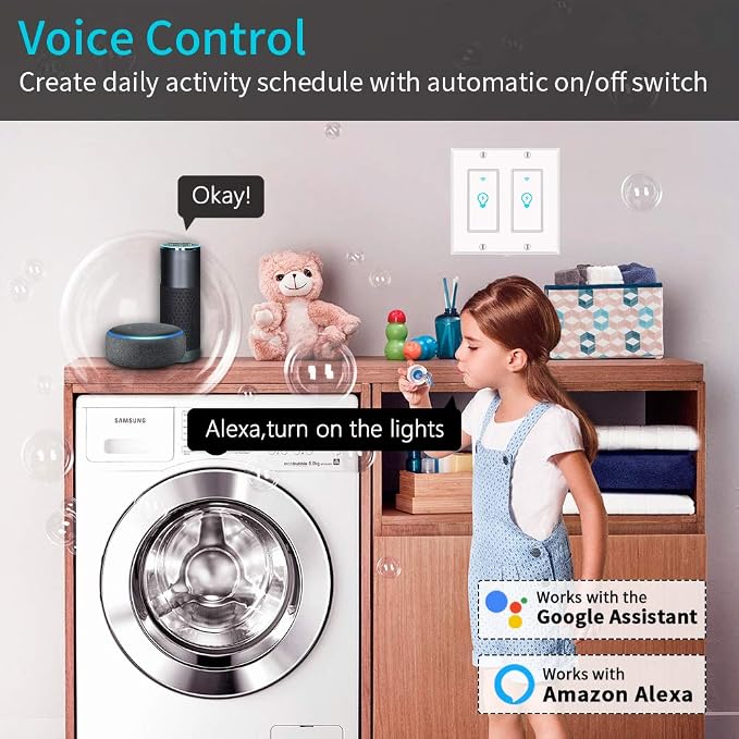Smart Light Switch, Compatible with Alexa, Google Home IFTTT, App and Voice Control, Timing Function, No Hub Required, Suitable for 2/3/4 Box, Neutral Wire Needs MICMI, 2 Gang 2 Pack