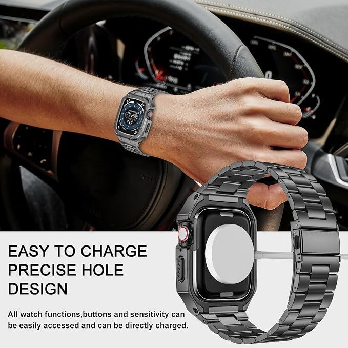 BAITEYOU Stainless Steel Band with Case Compatible with Apple Watch Series SE 3 2 1/6 5 4 (44mm), Series 3 2 1 (42mm), Metal Protective Bumper Rugged Cover for iWatch Bands Men (Grey)
