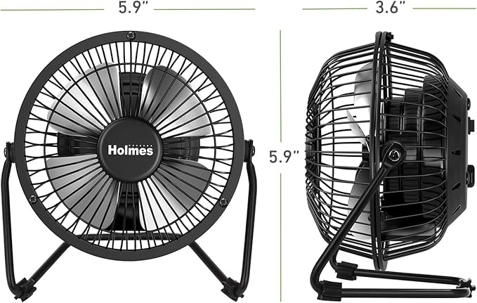 HOLMES 4" Mini High-Velocity Personal Desk Fan, 4 Blades, Adjustable 360° Head Tilt, Durable Metal Construction, Single Speed, Ideal for Home, Dorm Rooms, Bedrooms, or Offices, Black