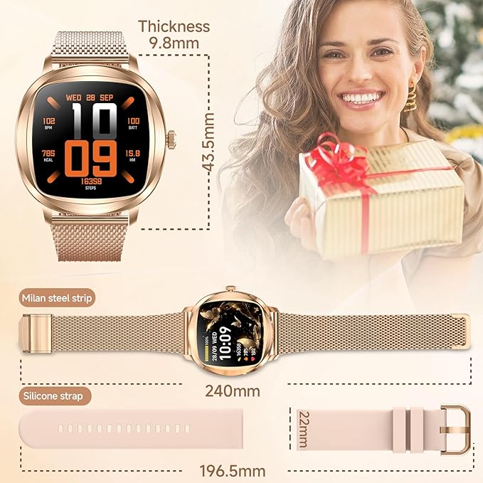 Smart Watch for Women, 1.72" Fitness Tracker with Answer/Make Calls, Sleep/Heart Rate Monitor, Smartwatch for Android iOS Support 100+ Sports Modes, IP68 Waterproof, Fitness Watch with 2 Band (Gold)