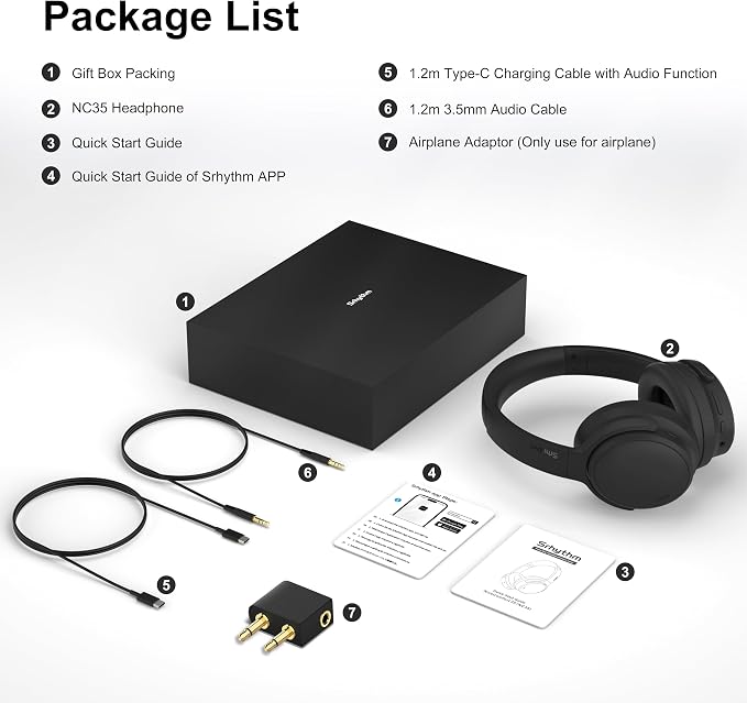 Srhythm NiceComfort 35(2nd Gen)Noise Cancelling Headphones 4-Speakers 40kHz | HD Sound,140 Hours' Ultra-long Playtime for Travel,Bluetooth 6.0,5 Microphones ENC,Transparency,Spatial Audio,Low Latency