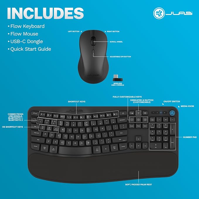 JLab Flow Keyboard and Mouse Bundle, Wireless Bluetooth or USB-C, AI Button, smart Media knob, ambidextrous Mouse, Black