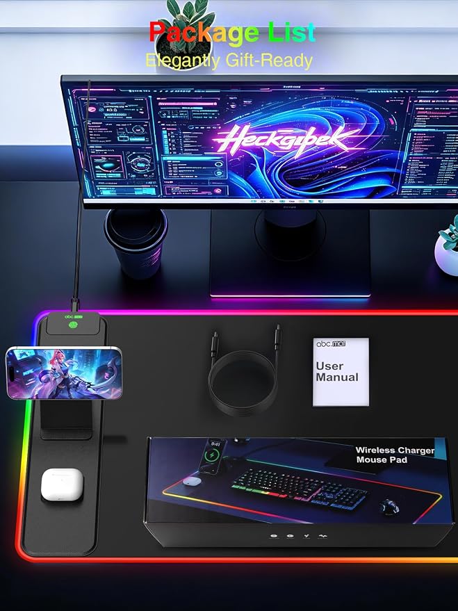 RGB Gaming Mouse Pad with Magnetic Wireless Charging & Phone Stand, 31.5"x15.8" Large, 25 Light Effects, Non-Slip Base, Waterproof Ultra-Smooth Surface, No Adapter