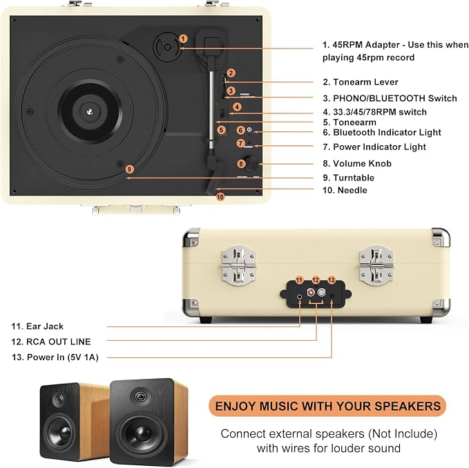 Vinyl Record Player with Built-in Speakers 3-Speed Vintage Record Player Bluetooth Portable Suitcase Turntable Belt-Driven LP Player Support RCA Output and Headphone Output (Creamy White)