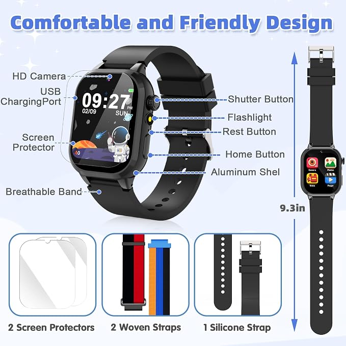 Smart Watch for Kids, Smart Watch Boys Toys with 40 Games Camera Video Recorder Music Alarm Learn Card Audiostory Flashlight Pedometer 2 Extra Bands Gift Toys for 3-12 Years Old Boys(Black)
