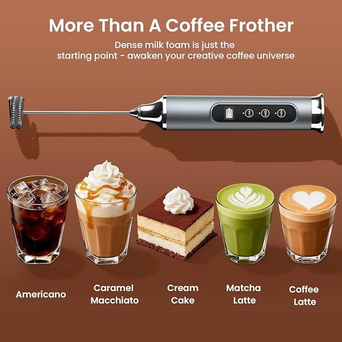 YUSWKO Silver Milk Frother Wand for Coffee with Stand, Handheld Coffee Frother, Rechargeable Drink Mixer, Waterproof Electric Whisk