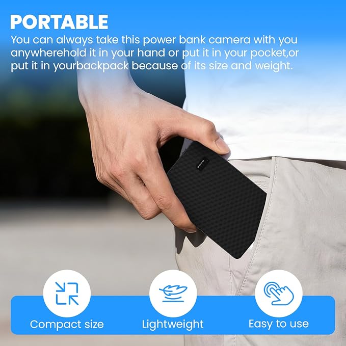 Hidden Camera Portable Charger 2K Full HD Cameras with WiFi and Night Vision 5000mAh Battery Wireless Mini Nanny Cam for Home Security Indoor Motion Detection