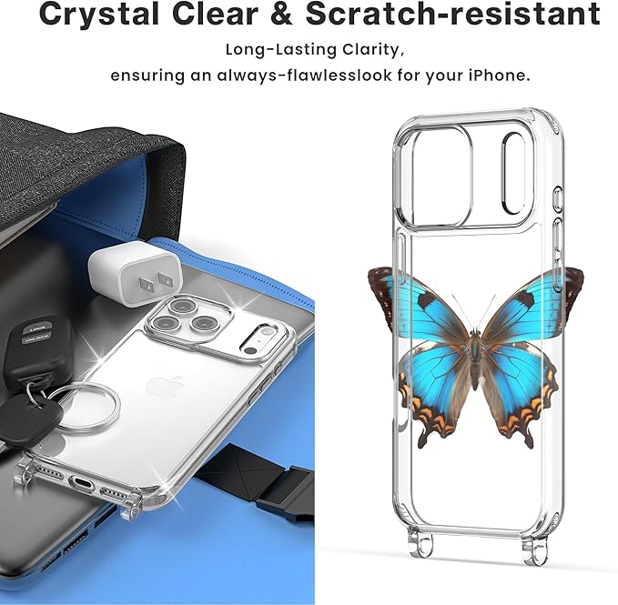for iPhone 17 Case with Strap, Clear Shockproof Crossbody Phone Cover w/Removable Anti-Theft Adjustable Lanyard for Women, Travel, Shopping, Hiking (6.3", Grey)