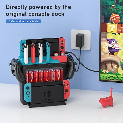Switch Game Storage with Controller Charger for Nintendo Switch & OLED Model, Switch Charging Dock Charges 6 Joycons, Switch Gaming Accessories Holder Desk, Switch Game Gift Card Organizer (Red&Blue)