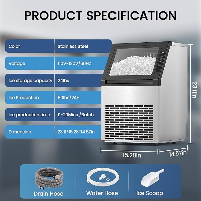 Commercial Ice Machine, 80 lbs/24H, 36 Cubes in 15 Mins, 28lbs Storage Capacity, Under Counter Ice Maker with 24 Hours Timer & LCD Panel, Freestanding Ice Machine for Bar, Cafe, Small Business