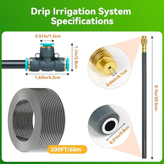 360°Adjustable Drip Irrigation System 200FT,5/16" Extra Long Garden Watering Kit with 32 Copper Nozzles,141Pcs Drip Irrigation Kit,Automatic Atomizing Plant Sprinkler for Large Yard, Greenhouse, Lawn