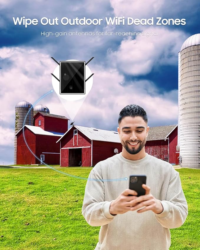 Solar WiFi Extender Outdoor with 4 Antennas, Solar Powered Outdoor WiFi Repeater with 15W Panel & 26000mAh Battery, Outdoor WiFi Extender up to 500ft, IP65 Weatherproof for Farm Yard Garage (Grey)