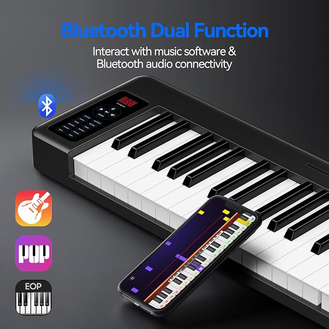 Rhymo Folding Piano Keyboard, 61 Keys Sensitive Electric Piano, Weighted Portable Electric Keyboards with Bluetooth MIDI, Digital Foldable Keyboard for Beginner (Black)