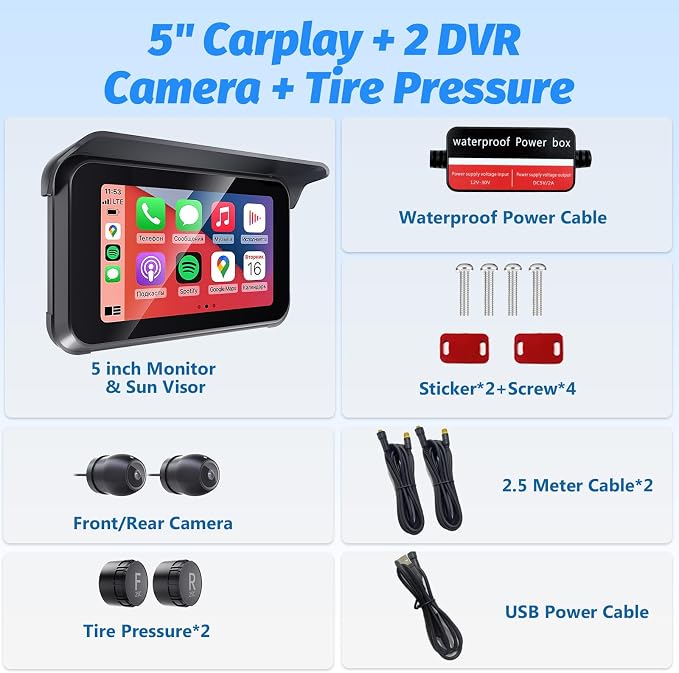 Portable Motorcycle Carplay Screen DVR,Wireless 5 Inch Waterproof Touchscreen Motorcycle TPMS with Dual 1080P Backup Camera,Siri & GPS Navigation,Apple Car Play & Android Auto for Motorbike
