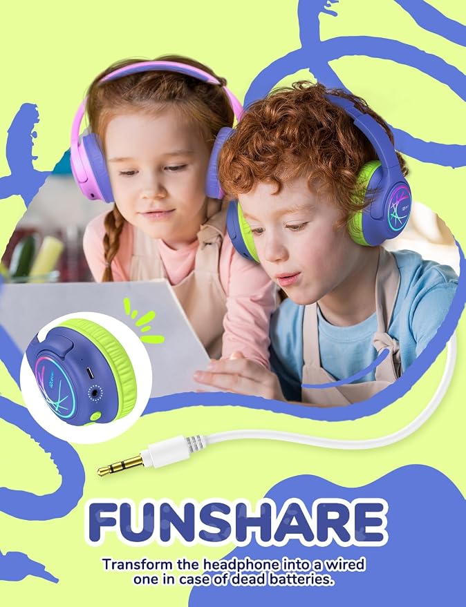 iClever Kids Bluetooth Headphones with LED Lights, BTH18 Safe Volume 74/85 dBA, 43H Playtime, Bluetooth5.3 Kids Headphones Wireless Aux Cord for iPad/Tablet/Travel/School, Green/Blue