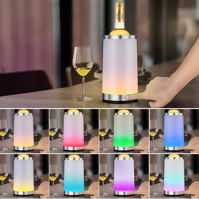 Wine Chiller with Rechargeable RGB Touch Lamp| Wine Bottle Cooler Bucket| Double Walled Insulator with 2 Ice Pack for 750ml Champagne| Perfect Wine Gifts| Wine Accessories for Party/Dinner