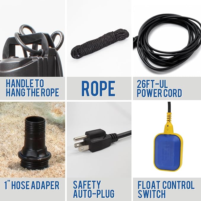 1.0HP Submersible Sump Pump, Automatic Water Pump w/ 4200 GPH High Flow, 18ft Max Head, for Dirty Water Removal, Flooded Basement, Swimming Pool Cover, Hot Tubs, Aluminum (1HP/28FT)